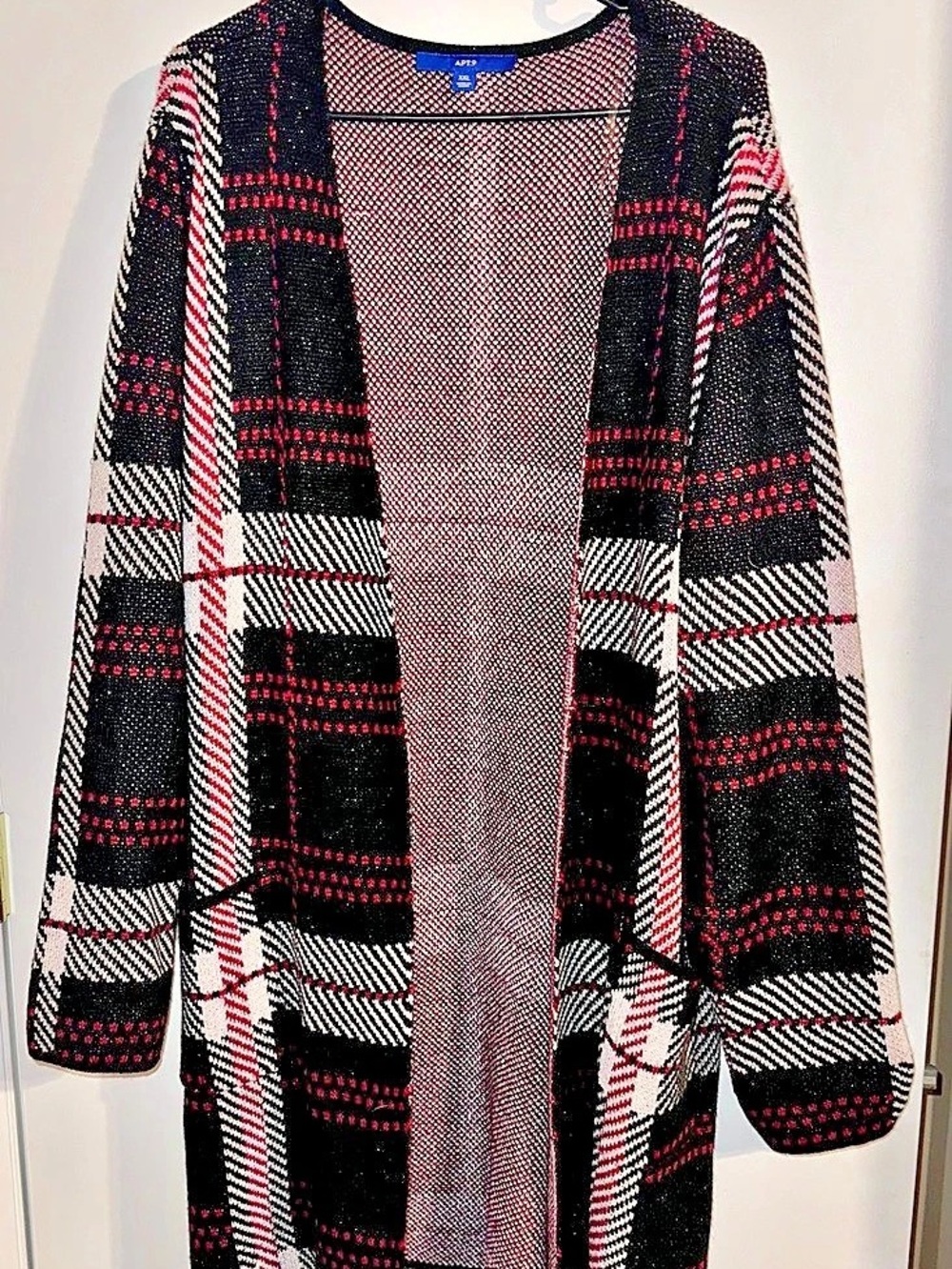 APT.9 Plaid Open Front Long Cardigan Duster XXL Black Red
